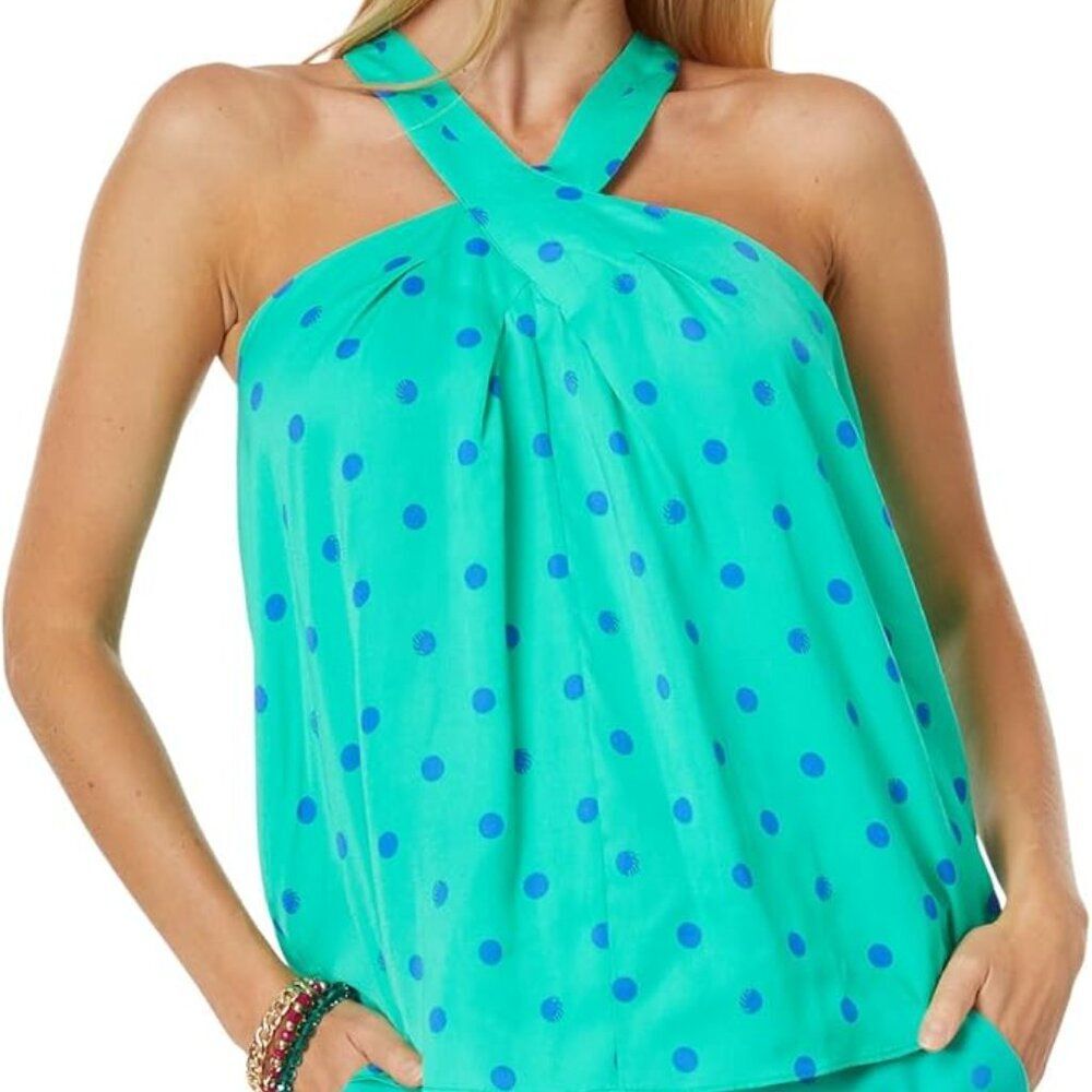 NWT Lilly Pulitzer Rori Halter Top Botanical Green Hotter Spot Polka Dot M